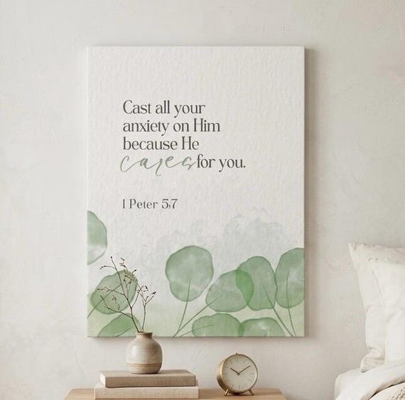 1 Peter 5:7 Scripture Canvas Art | Watercolor Greenery Bible Verse Wall Decor