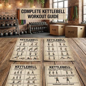 Puede incluir: Una guía completa de entrenamiento con pesas rusas con cuatro carteles de planes de ejercicios. Los carteles incluyen planes de entrenamiento para la parte superior e inferior del cuerpo, cuerpo completo y fitness funcional.