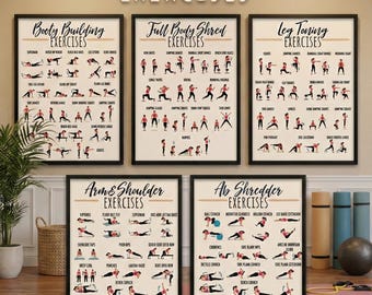 Op de afbeelding: Zes ingelijste oefenposters met zwarte frames en witte achtergronden. De posters zijn gelabeld met "Booty Building Exercises", "Full Body Shred Exercises", "Leg Toning Exercises", "Arm & Shoulder Exercises" en "Ab Shredder Exercises". De bovenste poster luidt "Weight Loss & Body Shaping Exercises".