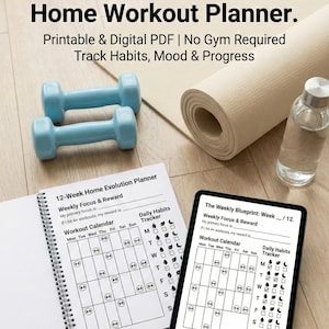May include: A home workout planner with the text "Your Ultimate 12-Week Home Workout Planner." The image includes a workout calendar, a tablet, dumbbells, a yoga mat, and a water bottle. The planner is designed to track habits, mood, and progress.