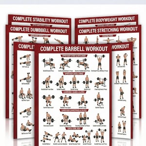 Puede incluir: Un paquete de ocho guías de entrenamiento, que incluyen entrenamientos completos de estabilidad, mancuernas, peso corporal, estiramiento y barra. Las guías presentan ilustraciones de ejercicios dirigidos a varios grupos musculares, con el texto "ULTIMATE FITNESS BUNDLE: 8 COMPLETE WORKOUT GUIDES."