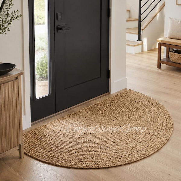 Natural Jute Half Moon Doormat - Semi Circle Area Rug, Handwoven Half Round Rug, Boho Entryway Mat, Eco-Friendly Welcome Mat, Custom Sizes