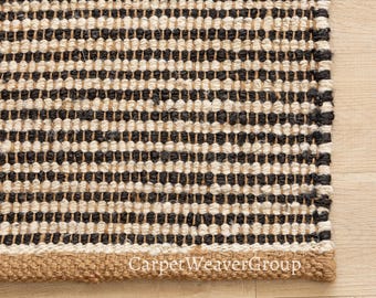 Handgeflochtener Läufer aus Jute, Schwarz Weiß Streifen, Boho Home Decor Teppich
