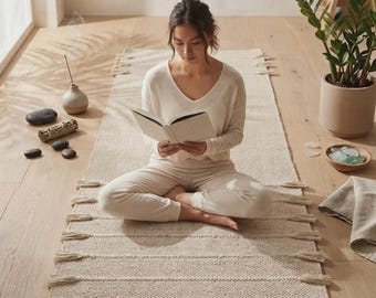 2 x 6 Fuß große, handgewebte Yogamatte aus Bio-Baumwolle, nachhaltige Yogamatte, Bio-Yogamatte, rutschfeste Yogamatte, Meditationsmatte, Kräuter-Yogamatte