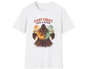 Koszulka „Najpierw rzucaj, pytaj później” | Koszulka RPG Spellcaster | Zabawny czarodziej DnD | Gracz retro fantasy