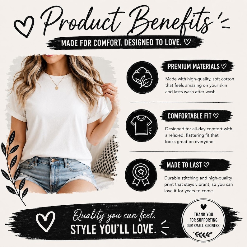 K&ouml;nnte beinhalten: Ein wei&szlig;es T-Shirt, getragen mit blauen Jeansshorts. Das Bild enth&auml;lt den Text: Product Benefits, Made for comfort. Designed to love., Premium Materials, Comfortable Fit, Made to Last, Quality you can feel. Style you'll love., Thank you for supporting our small business.