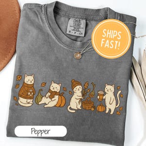Könnte beinhalten: Ein anthrazitfarbenes T-Shirt mit einem Grafikdruck von vier cremefarbenen Katzen in herbstlicher Kleidung und Umgebung, darunter Kürbisse, Blätter und Kaffeetassen. Das T-Shirt hat einen Rundhalsausschnitt und ein Comfort Colors Markenetikett.