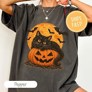 Black Cat Halloween Shirt Spooky Season Tee Vintage Halloween Shirt Cat Lover Gift Jack o Lantern Tee Cute Spooky Shirt Cat Lover Shirt