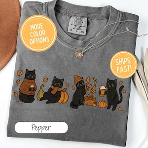 以下が含まれることがあります： チャコールグレーのクルーネックTシャツ。秋をテーマにした服装や設定の4匹の黒猫のグラフィックが描かれており、カボチャ、バスケット、コーヒーカップが含まれています。首元にはComfort Colorsのラベルがあり、下部にはPepperという文字がプリントされています。