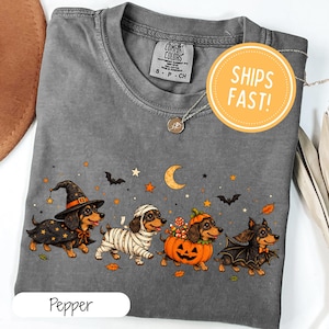 May include: A charcoal gray short-sleeve t-shirt featuring a graphic of four dachshunds in Halloween costumes: a witch, a mummy, a pumpkin, and a bat. The shirt has a Comfort Colors brand label at the neck and a small silver pendant necklace.