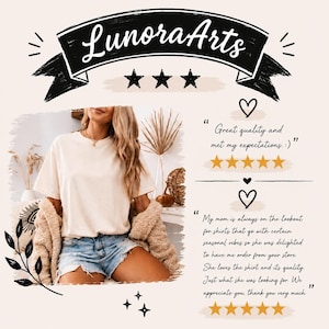 K&ouml;nnte beinhalten: Ein cremefarbenes Kurzarm-T-Shirt, getragen mit Jeansshorts und einer beigen, strukturierten Strickjacke. Das Bild enth&auml;lt den Text LunoraArts, zwei F&uuml;nf-Sterne-Bewertungen sowie schwarze Strichzeichnungen von Sternen, Herzen und Bl&auml;ttern.