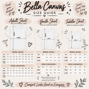 K&ouml;nnte beinhalten: Eine Bella Canvas Gr&ouml;&szlig;entabelle mit Illustrationen von T-Shirts f&uuml;r Erwachsene, Jugendliche und Kleinkinder sowie Linien f&uuml;r L&auml;ngen- und Breitenma&szlig;e. Die Tabelle enth&auml;lt detaillierte metrische Angaben in Zentimetern f&uuml;r verschiedene Gr&ouml;&szlig;en.
