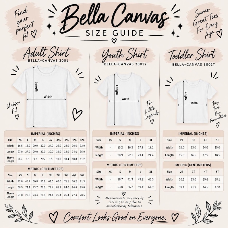 K&ouml;nnte beinhalten: Eine Bella Canvas Gr&ouml;&szlig;entabelle mit Illustrationen von T-Shirts f&uuml;r Erwachsene, Jugendliche und Kleinkinder sowie Linien f&uuml;r L&auml;ngen- und Breitenma&szlig;e. Die Tabelle enth&auml;lt detaillierte metrische Angaben in Zentimetern f&uuml;r verschiedene Gr&ouml;&szlig;en.