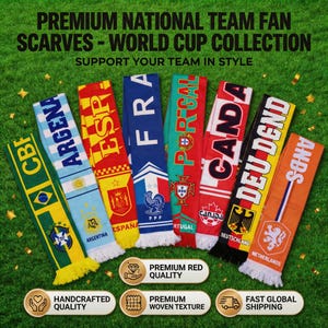 Könnte beinhalten: Eine Sammlung von sieben rechteckigen Strickschals für Fans verschiedener Fußball-Nationalmannschaften, jeweils mit markanten Landesfarben, nationalen Wappen und Teamnamen. Die Schals sind fächerförmig angeordnet und mit Fransen an den unteren Enden versehen.