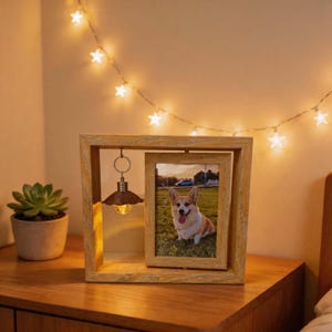 Può includere: Una cornice quadrata in legno chiaro contenente una cornice rotante con la fotografia di un cane Corgi e una piccola lampada a sospensione con paralume marrone e lampadina accesa, accanto a una pianta grassa verde in un vaso.