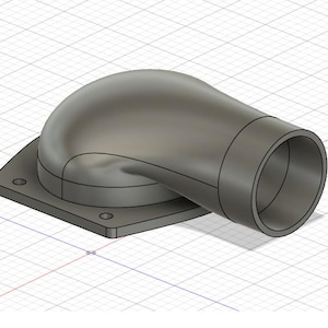 May include: A grey, 3D-rendered industrial component. It has a curved, cylindrical section attached to a square base with four mounting holes. The design suggests a duct or fitting for machinery.
