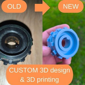 Könnte beinhalten: Vergleichsbild eines alten schwarzen Zahnrads und eines neuen hellblauen 3D-gedruckten Zahnrads. Das neue Zahnrad wird in einer Hand vor einem grünen Gras-Hintergrund gehalten. Der Text im Bild lautet "OLD" und "NEW" sowie "CUSTOM 3D design & 3D printing."
