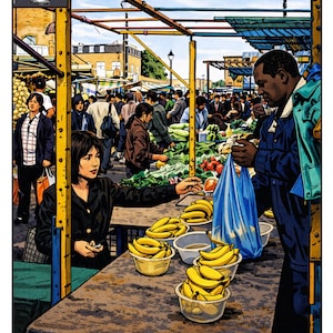 以下が含まれることがあります： ロンドンのハックニーにあるリドリー・ロード・マーケットの漫画風イラスト。女性と男性が果物屋にいて、手前にバナナがあります。他の買い物客は、黄色と青色のキャノピーの下で商品を閲覧しています。