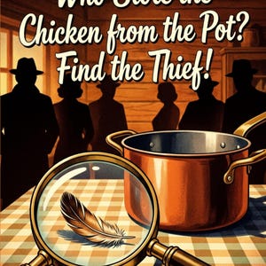 ¿Quién robó el pollo de la olla? ¡Encuentra al ladrón! Libro de acertijos lógicos de misterio, juego de 1000 sospechosos, actividad de detective imprimible en PDF.