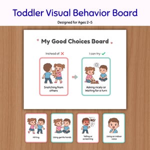 Puede incluir: Un tablero visual de comportamiento para niños pequeños titulado My Good Choices Board. Incluye ilustraciones que muestran comportamientos negativos como arrebatar, golpear y gritar, contrastados con acciones positivas como pedir amablemente.