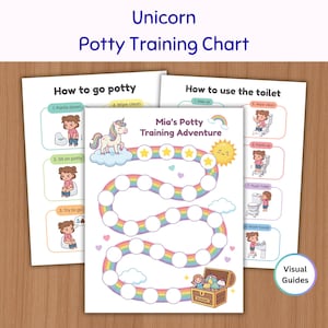 May include: A set of three printed potty training charts featuring a unicorn theme. The central chart displays a rainbow path with circular spaces for stickers, a unicorn on a cloud, and a treasure chest. Two side charts show step-by-step instructions.