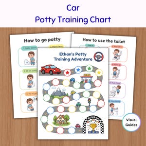 Puede incluir: Tres tablas de entrenamiento para ir al baño con temática de coches. La tabla central titulada Ethan's Potty Training Adventure muestra una carretera sinuosa con círculos vacíos para el progreso, un coche rojo, una gasolinera y un trofeo.