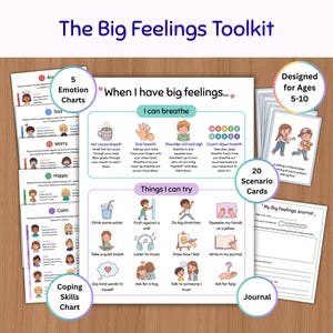 Op de afbeelding: De Big Feelings Toolkit bevat vijf emotiekaarten, een copingvaardighedenkaart getiteld When I have big feelings, twintig scenario-kaarten voor kinderen van 5-10 jaar en een My Big Feelings Journal met kleurrijke illustraties en tekst.