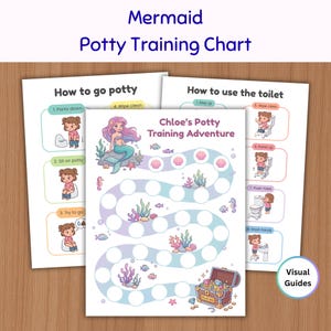 May include: A set of three printed potty training charts featuring a mermaid theme. The charts include a reward tracker titled Chloe's Potty Training Adventure, and two instructional guides titled How to go potty and How to use the toilet.