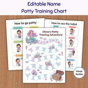 May include: Three printable potty training charts featuring a mermaid theme. The central chart is titled Chloe's Potty Training Adventure with a path of circles, sea life, and a treasure chest. Two side charts show steps for using the toilet.