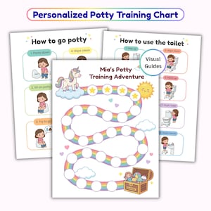 Peut inclure: Un tableau d'apprentissage de la propreté personnalisé avec un chemin arc-en-ciel, une licorne et un coffre au trésor. Le tableau comprend des guides visuels pour utiliser les toilettes et aller aux toilettes, avec le texte "Personalized Potty Training Chart".
