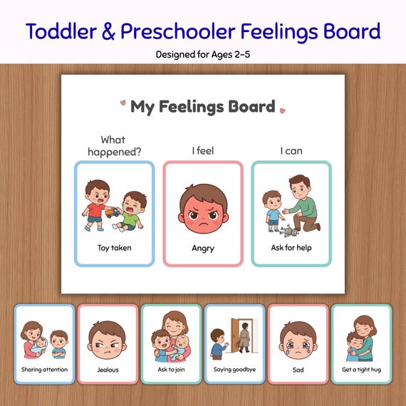 Feelings Board for Toddler and Preschooler, Emotions Chart, Coping Skills Cards, Emotional Regulation Printable