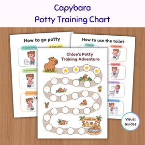 May include: A Capybara Potty Training Chart set featuring three white sheets with illustrations. The central chart is titled Chloe's Potty Training Adventure and includes a winding path of circles, capybara graphics, and a reward zone at the end.