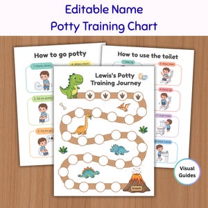 May include: Three printable potty training charts featuring dinosaur illustrations and step-by-step visual guides. The central chart is titled Lewis's Potty Training Journey and includes a winding path of circles, dinosaur graphics, and a volcano reward icon.