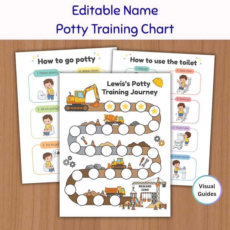 Construction Potty Training Chart, Printable Toddler Boy Toilet Visual Schedule, Editable Truck Reward System image 1