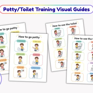 May include: Four printed visual guides for potty and toilet training, featuring cartoon illustrations of children. The sheets include step-by-step instructions titled How to go potty and How to use the toilet, with colorful borders and text labels.