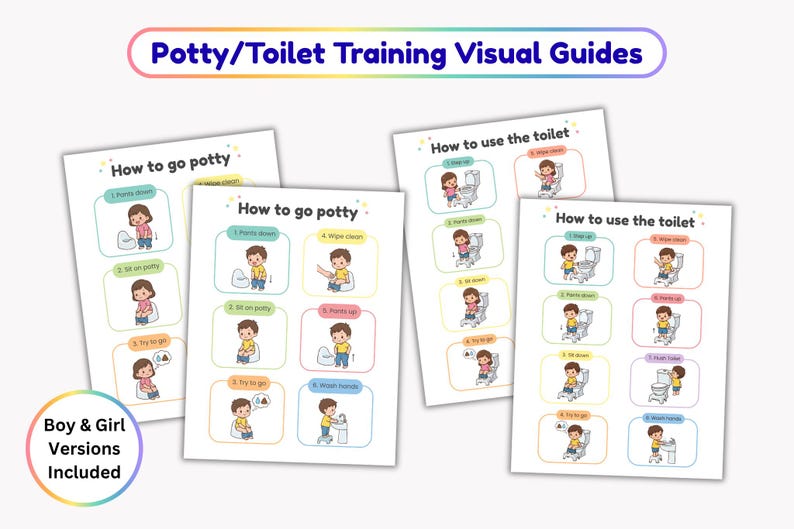 May include: Four printed visual guides for potty and toilet training, featuring cartoon illustrations of children. The sheets include step-by-step instructions titled How to go potty and How to use the toilet, with colorful borders and text labels.