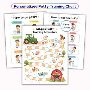 May include: A personalized potty training chart with the text "Personalized Potty Training Chart" at the top. The chart features a farm theme with a tractor, animals, and a reward barn. Includes visual guides on how to use the toilet.