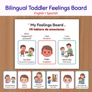May include: A bilingual toddler feelings board with English and Spanish text. The main board features three columns titled What happened, I feel, and I can, with illustrations of children expressing emotions. Six smaller cards show various social scenarios.