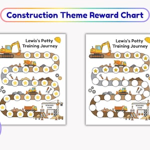 May include: Two identical construction-themed reward charts titled Lewis's Potty Training Journey, featuring an excavator, dump truck, and cement mixer graphics. The charts include a winding path of circular spaces for stickers and a designated reward zone.