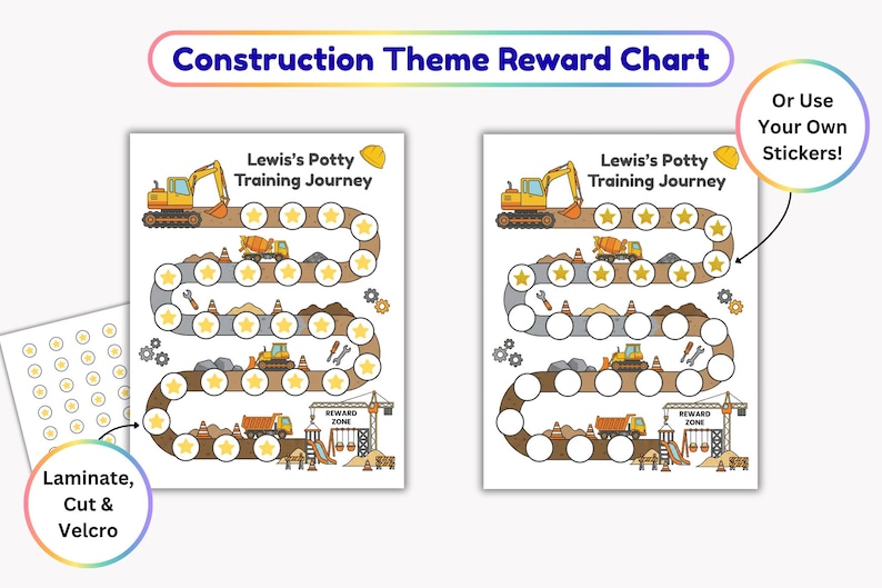 May include: Two identical construction-themed reward charts titled Lewis's Potty Training Journey, featuring an excavator, dump truck, and cement mixer graphics. The charts include a winding path of circular spaces for stickers and a designated reward zone.