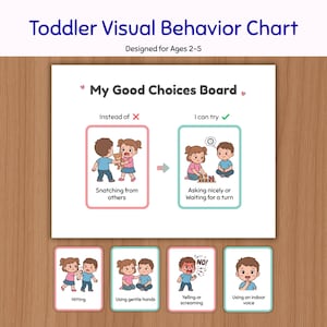 May include: A Toddler Visual Behavior Chart titled My Good Choices Board with illustrations showing positive and negative actions. It includes text labels like Snatching from others, Asking nicely, Hitting, Using gentle hands, Yelling or screaming, and Using an indoor voice.