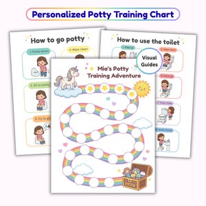 Puede incluir: Un conjunto de tres gráficos de entrenamiento para ir al baño. El gráfico principal presenta un camino de arcoíris con un unicornio, un sol y un cofre del tesoro. Los otros gráficos muestran los pasos para usar el inodoro y hacer pipí, con ilustraciones.