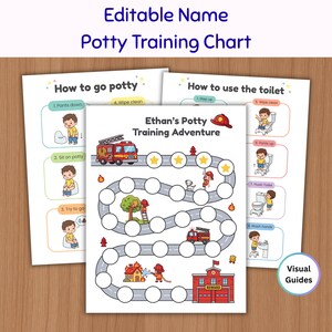 May include: Three printable potty training charts featuring a firefighter theme. The central chart is titled Ethan's Potty Training Adventure and includes a road-shaped path with circular spaces, fire trucks, and a fire station. Two side charts show steps.