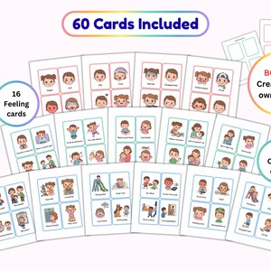 May include: A set of 60 educational cards featuring colorful cartoon illustrations of children expressing various emotions, social situations, and coping strategies. The cards are organized into sheets with text labels, including 16 feeling cards, 24 situation cards, and 20 coping cards, plus bonus blank templates for creating custom cards.
