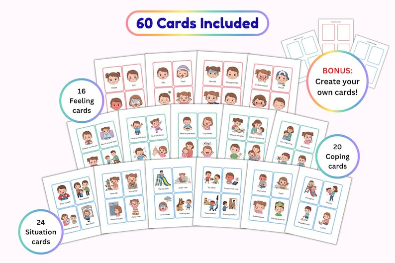 May include: A set of 60 educational cards featuring colorful cartoon illustrations of children expressing various emotions, social situations, and coping strategies. The cards are organized into sheets with text labels, including 16 feeling cards, 24 situation cards, and 20 coping cards, plus bonus blank templates for creating custom cards.