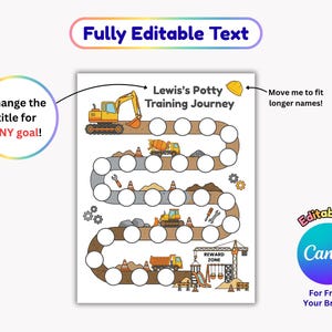 Construction Potty Training Chart, Printable Toddler Boy Toilet Visual Schedule, Editable Truck Reward System image 2