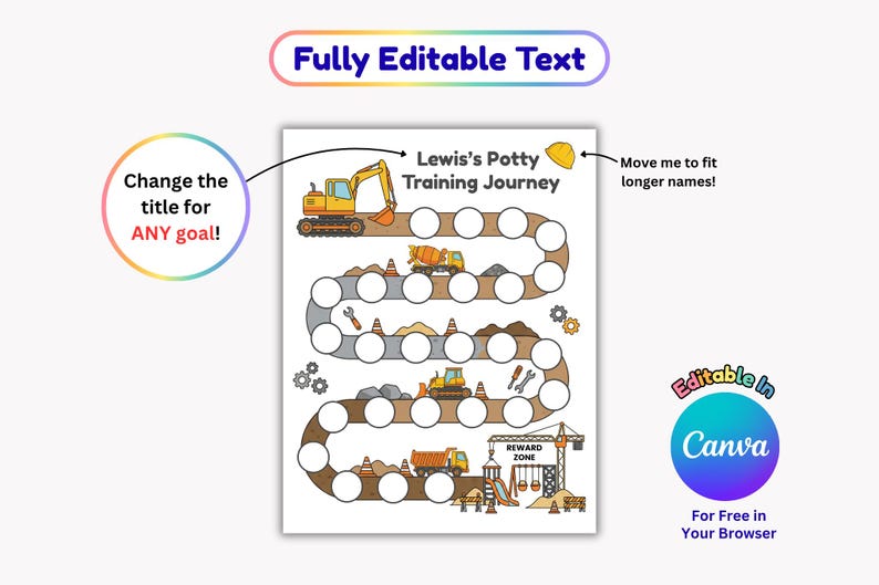 Construction Potty Training Chart, Printable Toddler Boy Toilet Visual Schedule, Editable Truck Reward System image 2