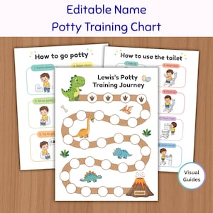 Pode incluir: Três tabelas de treinamento para o uso do penico imprimíveis com ilustrações de dinossauros e guias visuais passo a passo. A tabela central intitula-se Lewis's Potty Training Journey e inclui um caminho de círculos, dinossauros e um vulcão.