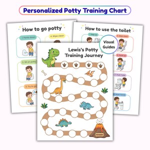 Può includere: Un set di grafici personalizzati per l'addestramento al vasino. Il grafico principale presenta un tema di dinosauri con un percorso e una sezione di ricompensa. Altri grafici forniscono guide visive su come usare il bagno e andare al vasino.