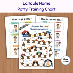 May include: Three printable potty training charts featuring a monster truck theme. The central chart is titled Ethan's Potty Training Journey with a winding dirt track, monster trucks, and blank circles for progress. Two side charts show step-by-step visual guides.